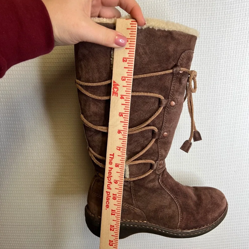 UGG Australia Sunburst Tall Chocolate Brown Suede Shearling Lace Up Boots Womens